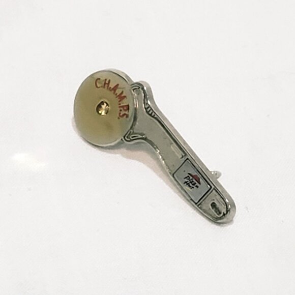 Pizza Hut CHAMPS Pizza Cutter Shaped Pin 1" Advertisement Silver tone - Picture 3 of 5